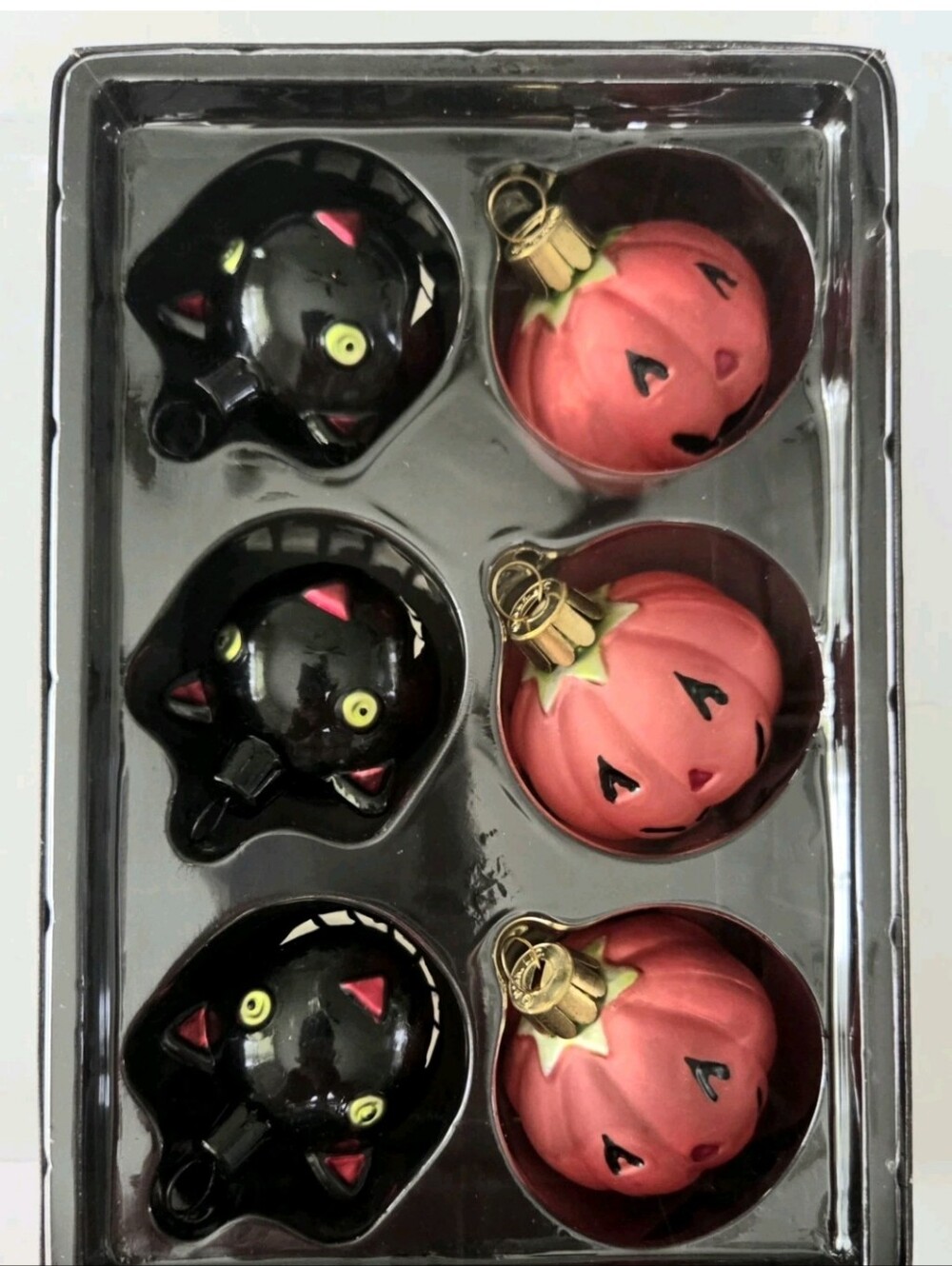 SET OF 6 HALLMARK BLOWN GLASS HALLOWEEN BLACK CATS & PUMPKINS ORNAMENTS 2003 NIB